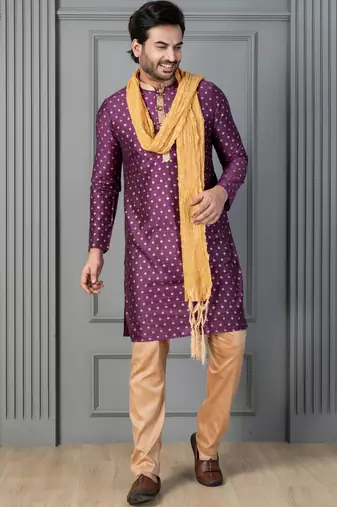 purple silk blend kurta payjama dupatta set for men with printed work