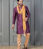 purple silk blend kurta payjama dupatta set for men with printed work