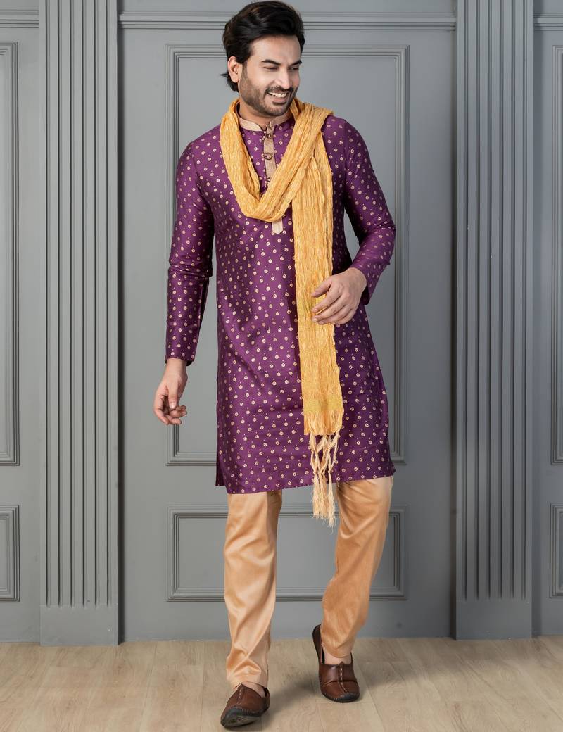 purple silk blend kurta payjama dupatta set for men with printed work