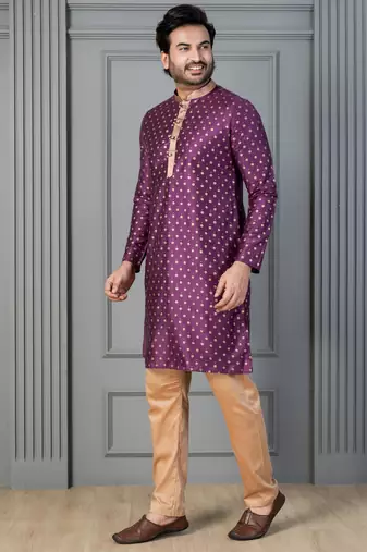 purple silk blend kurta payjama dupatta set for men with printed work