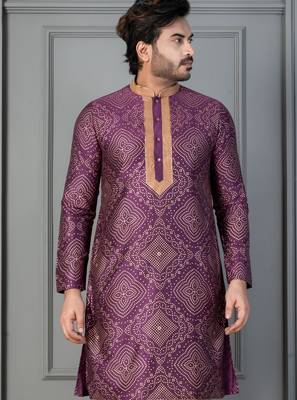 purple  silk blend kurta for men with printed work 1