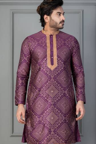 purple  silk blend kurta for men with printed work