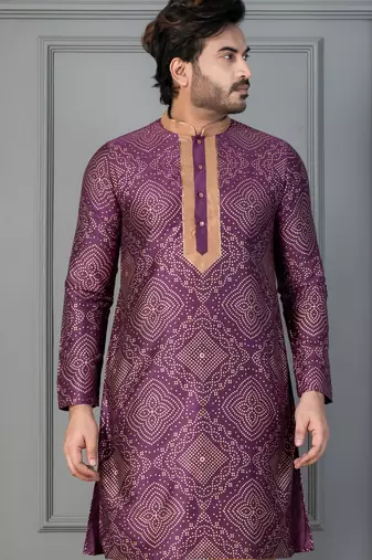 purple  silk blend kurta for men with printed work