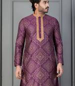 purple  silk blend kurta for men with printed work