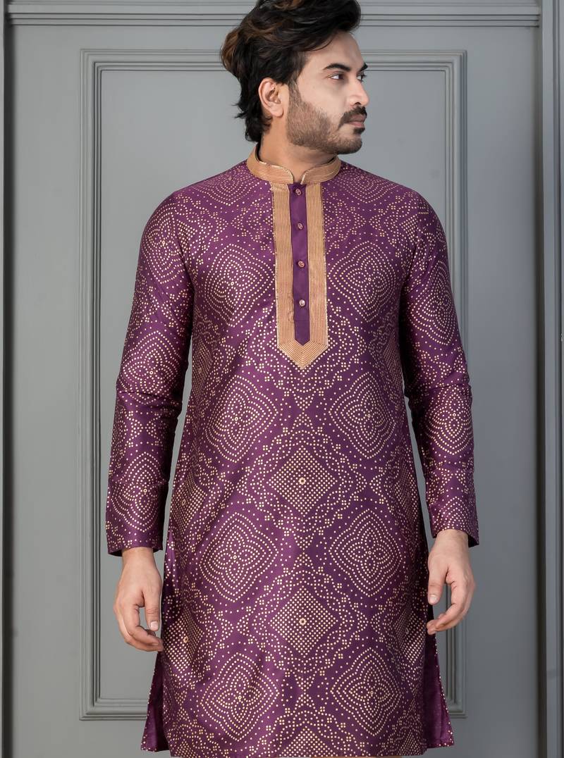 purple  silk blend kurta for men with printed work