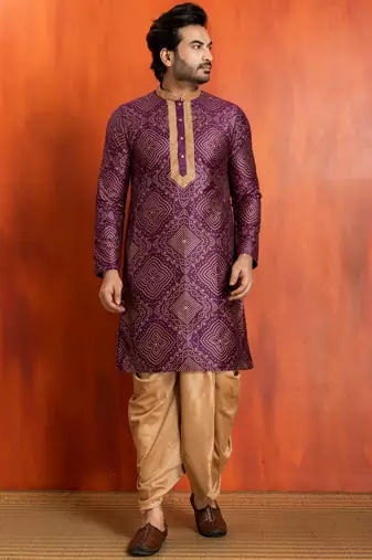 purple silk blend kurta for men with printed work