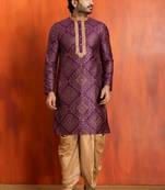 purple silk blend kurta for men with printed work