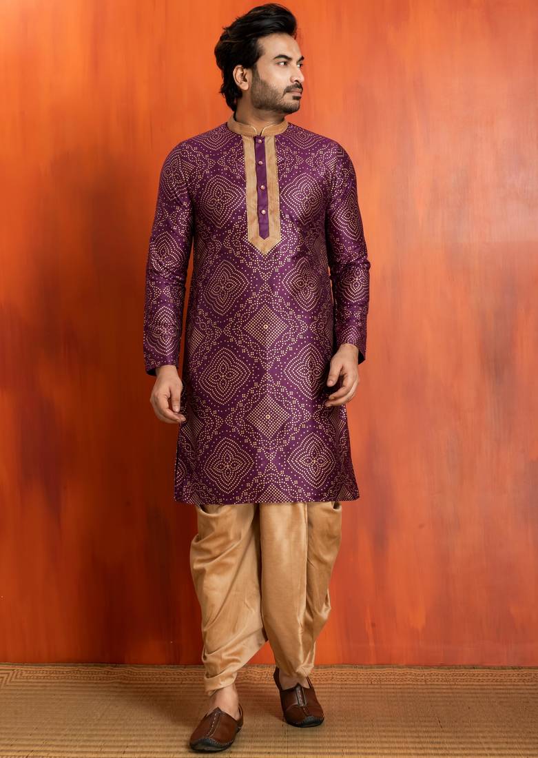 purple silk blend kurta for men with printed work