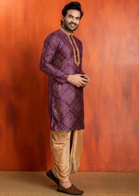 purple silk blend kurta for men with printed work 3