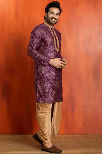 purple silk blend kurta for men with printed work