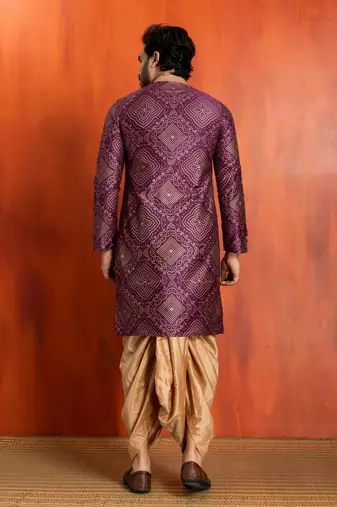 purple silk blend kurta for men with printed work