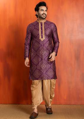 purple  silk blend kurta,dhoti set for men with printed work 1