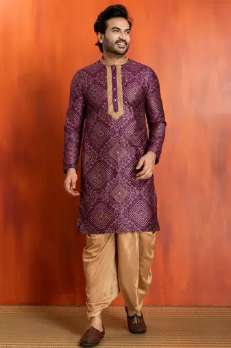 purple  silk blend kurta,dhoti set for men with printed work