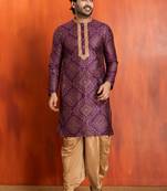 purple  silk blend kurta,dhoti set for men with printed work