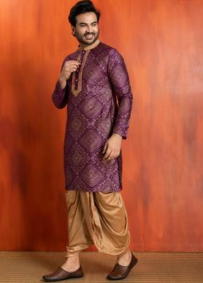 purple  silk blend kurta,dhoti set for men with printed work 2