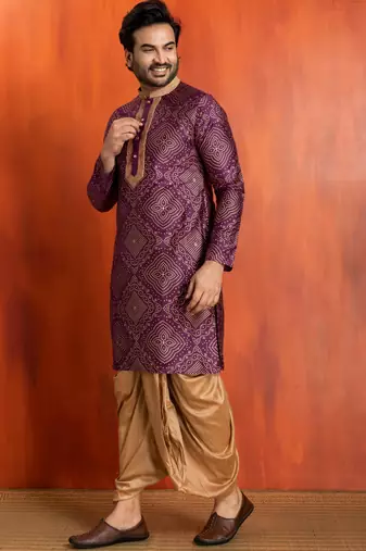 purple  silk blend kurta,dhoti set for men with printed work