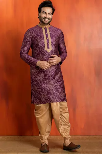 purple  silk blend kurta,dhoti set for men with printed work