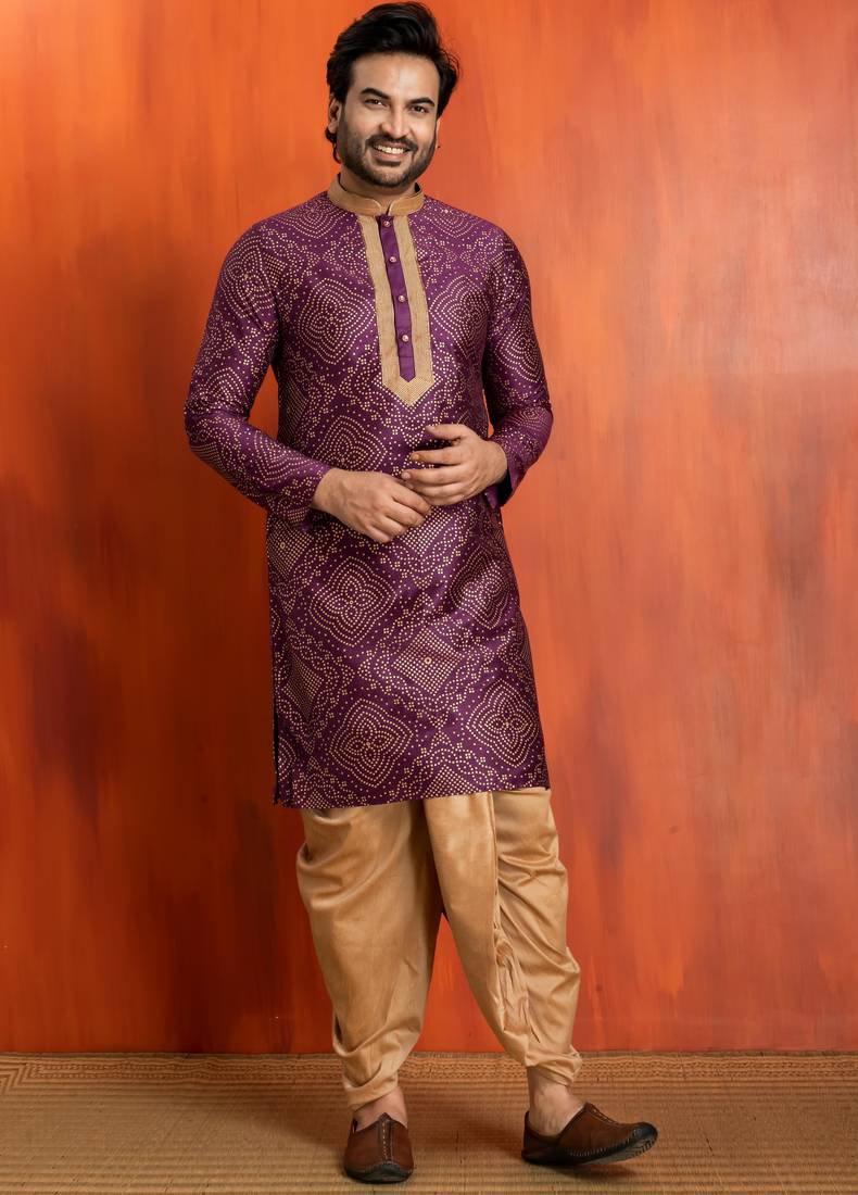 purple  silk blend kurta,dhoti set for men with printed work