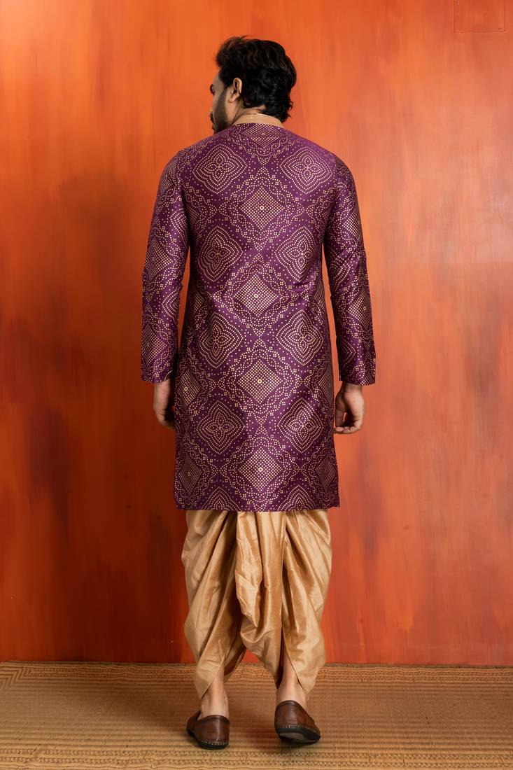 purple  silk blend kurta,dhoti set for men with printed work