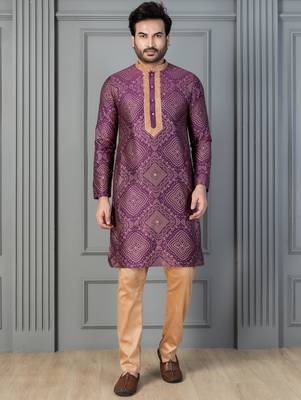 purple silk blend kurta payjama set for men with printed work 1