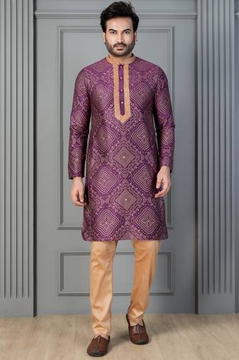 purple silk blend kurta payjama set for men with printed work