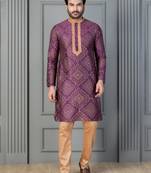 purple silk blend kurta payjama set for men with printed work