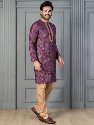 purple silk blend kurta payjama set for men with printed work 2