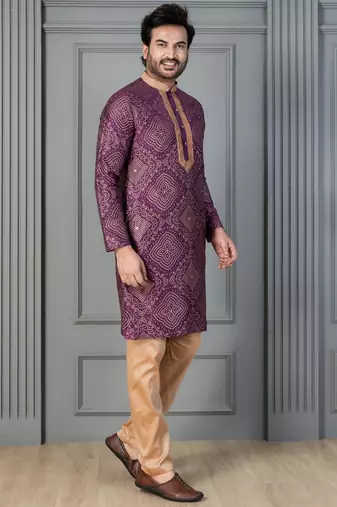purple silk blend kurta payjama set for men with printed work