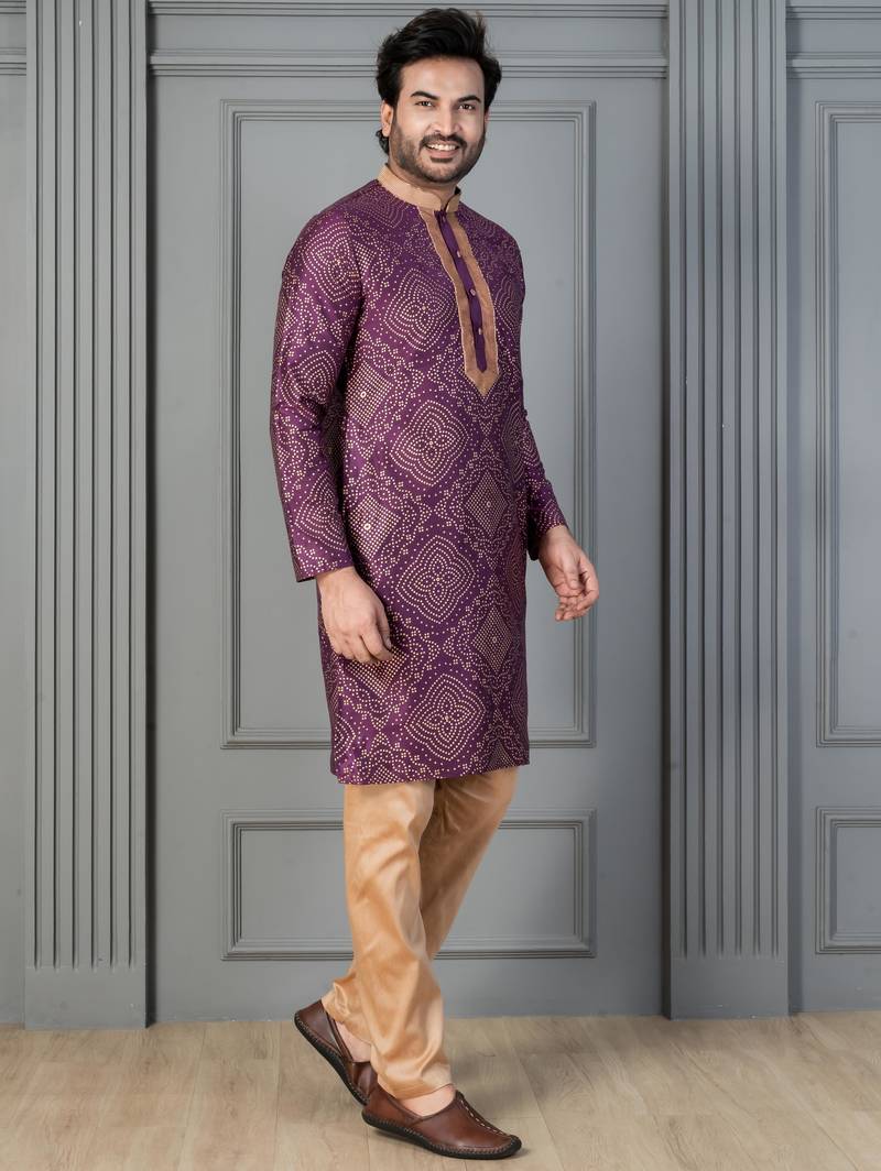 purple silk blend kurta payjama set for men with printed work