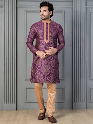 purple silk blend kurta payjama set for men with printed work 3