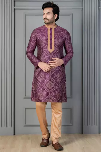purple silk blend kurta payjama set for men with printed work
