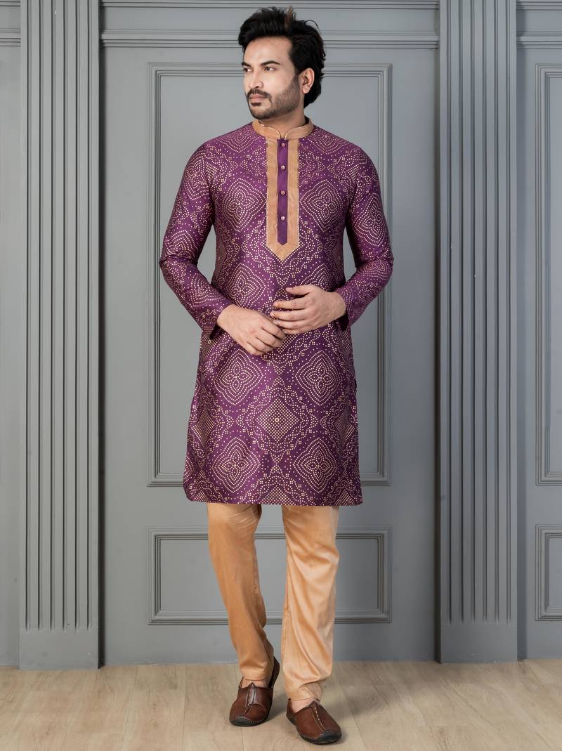 purple silk blend kurta payjama set for men with printed work