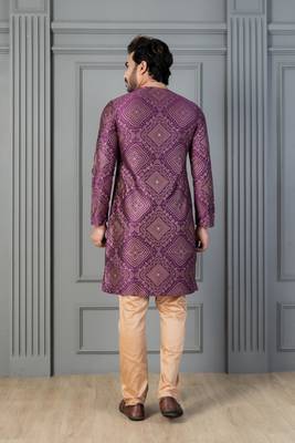 purple silk blend kurta payjama set for men with printed work 4