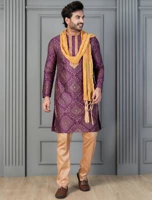 purple silk blend kurta payjama dupatta set for men with printed work 1
