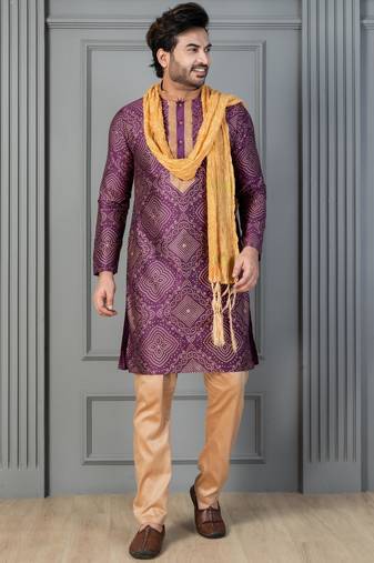 purple silk blend kurta payjama dupatta set for men with printed work