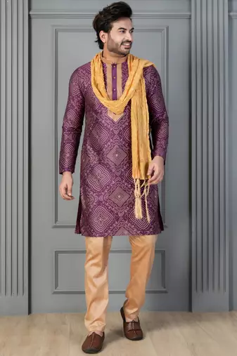 purple silk blend kurta payjama dupatta set for men with printed work