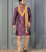 purple silk blend kurta payjama dupatta set for men with printed work