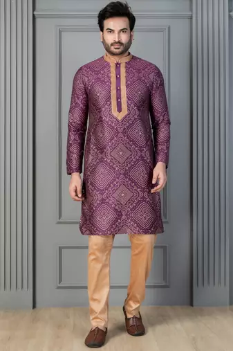 purple silk blend kurta payjama dupatta set for men with printed work