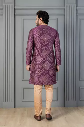 purple silk blend kurta payjama dupatta set for men with printed work