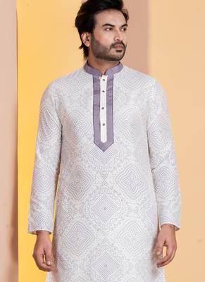 white silk blend kurta pyjama set for men with printed work 1
