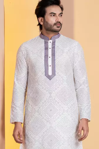white silk blend kurta pyjama set for men with printed work