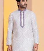 white silk blend kurta pyjama set for men with printed work