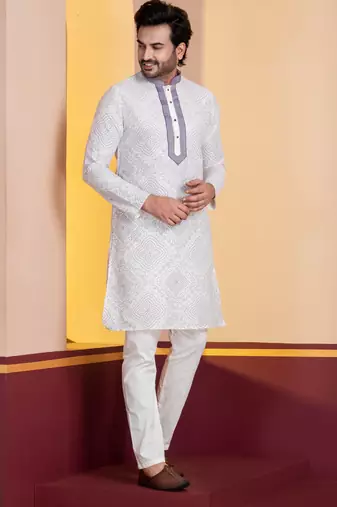 white silk blend kurta pyjama set for men with printed work