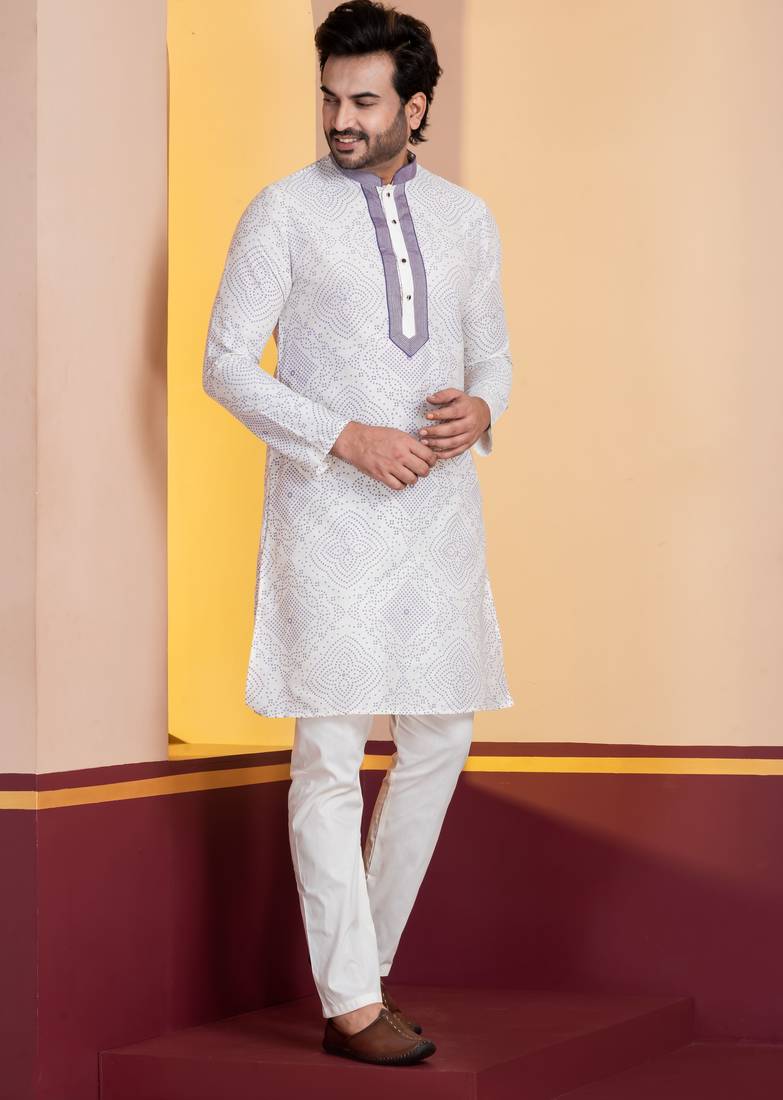 white silk blend kurta pyjama set for men with printed work