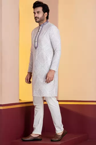 white silk blend kurta pyjama set for men with printed work