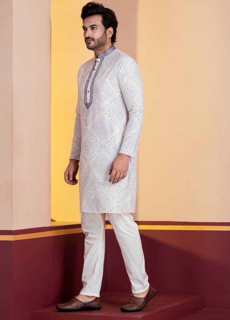 white silk blend kurta pyjama set for men with printed work