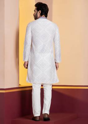 white silk blend kurta pyjama set for men with printed work 4