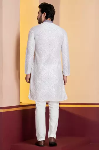 white silk blend kurta pyjama set for men with printed work
