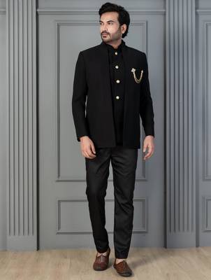 Black premium indowestern set , waist coat and pant set for men with embroidered work 1