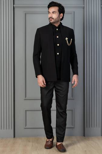Black premium indowestern set , waist coat and pant set for men with embroidered work